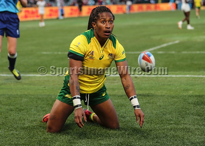 2018RugbySevensSat-45.JPG - Australian player Ellia Green reacts after scoring a try against the United States the women's championship Bronze medal match of the 2018 Rugby World Cup Sevens, Saturday, July 21, 2018, at AT&T Park, San Francisco. (Spencer Allen/IOS via AP)